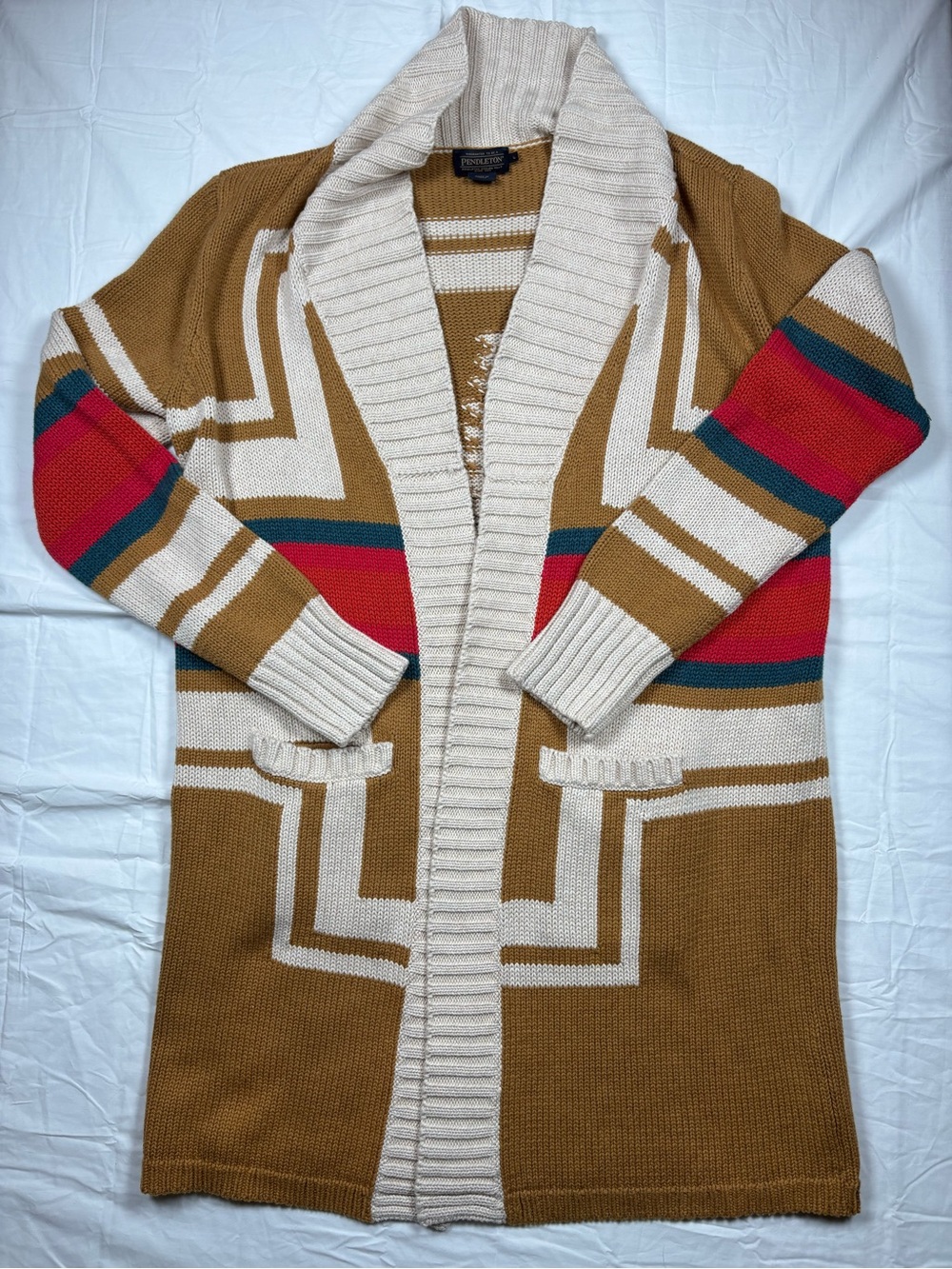 Pendleton Camel Shawl-Collar Cardigan with Red and Teal Stripe Accents
